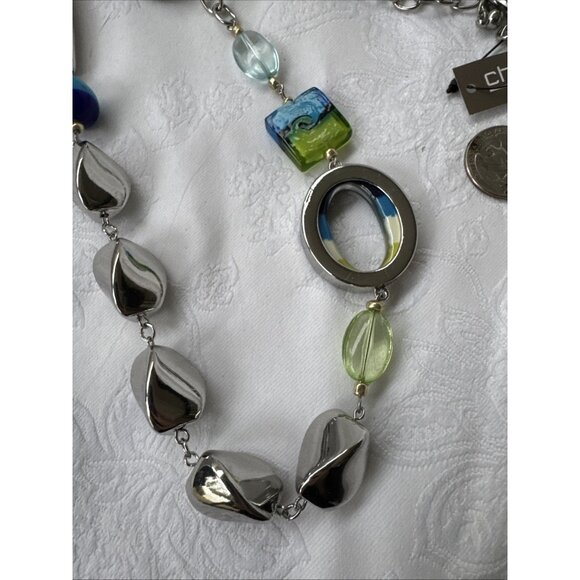 Chicos Blue Green Faux Glass SIlver Tone 18" Long Statement Necklace NEW - Picture 12 of 16